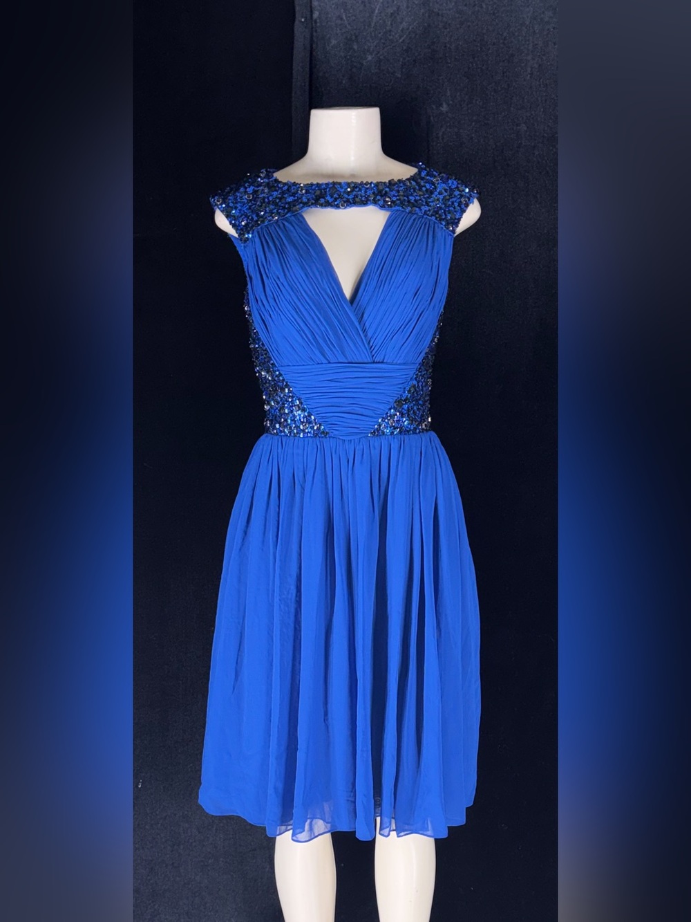 Royal Blue Beaded Midi Dress with Pleated Bodice